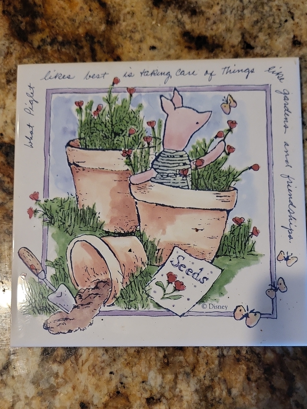 Disney Piglet Gardening Print in Pink, Green and Tan
